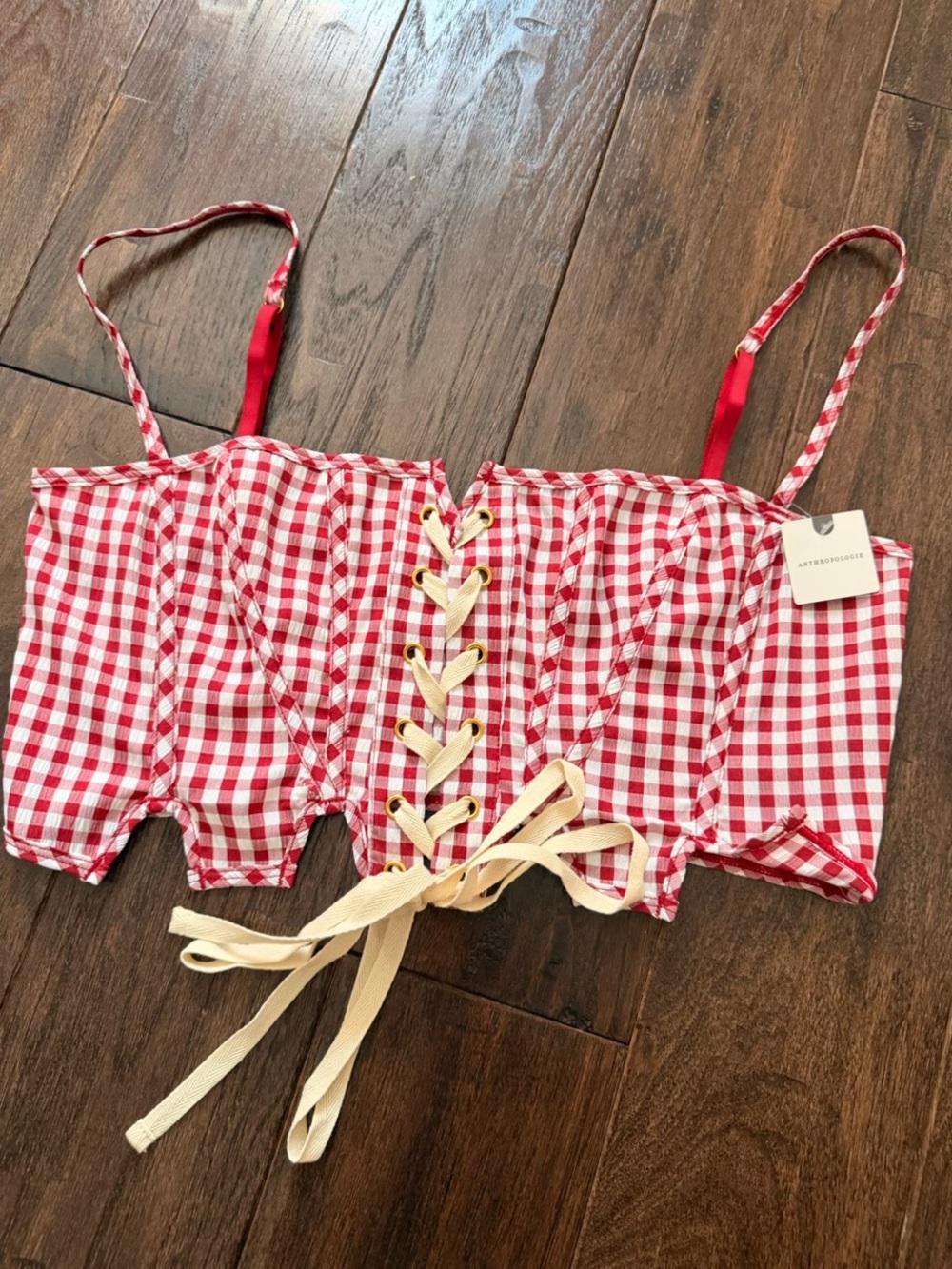 Lyrebird purchased from anthropology Red and White Gingham Lace-Up Crop Top